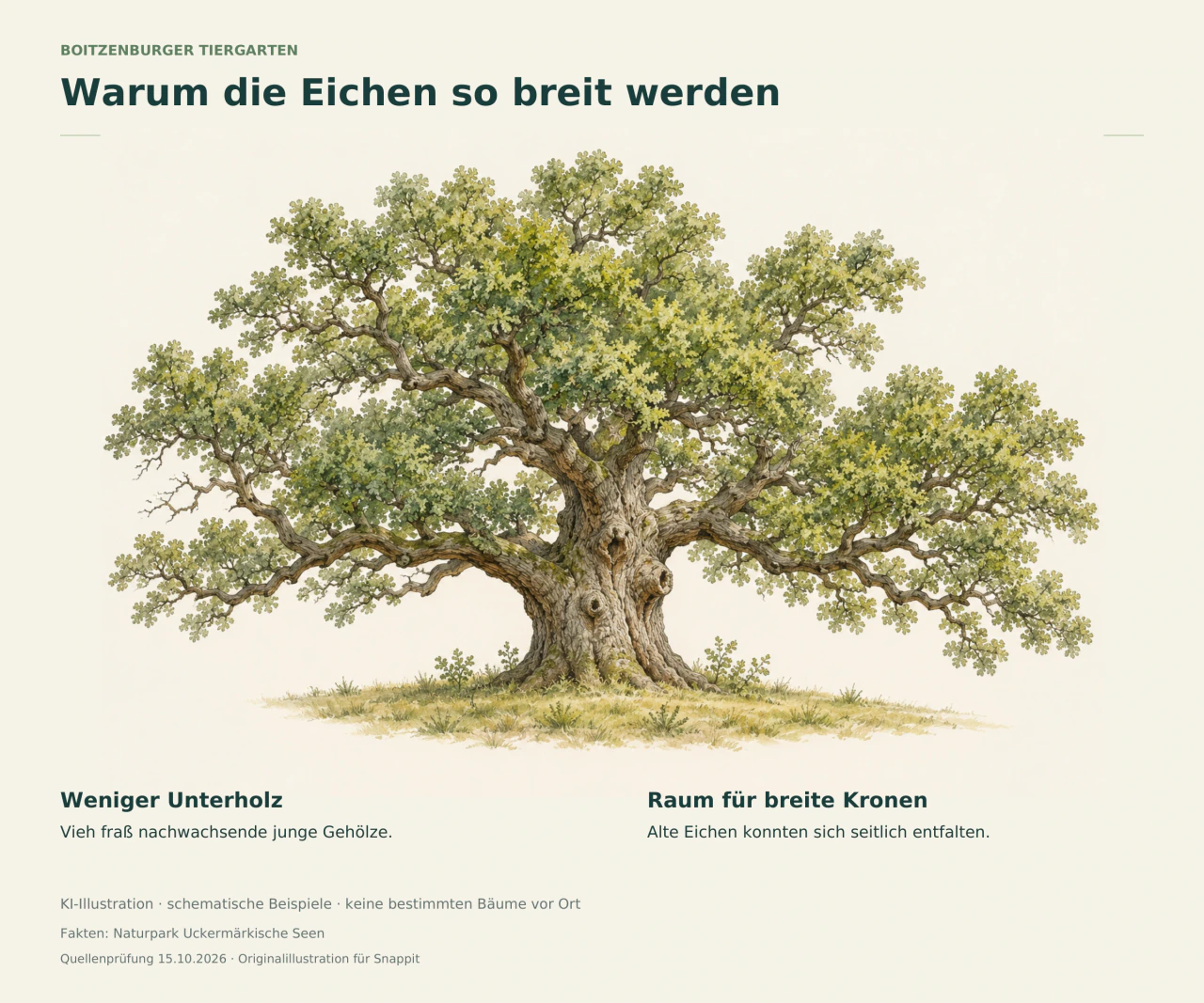 Naturkundliche Illustration einer knorrigen Eiche mit breiter, unregelmäßiger Krone über kurzem Unterwuchs.