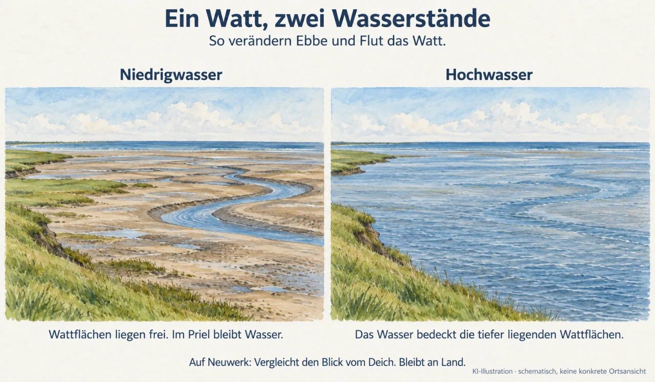 Zwei schematische Aquarellansichten derselben Wattlandschaft. Links liegen Sandflächen neben einem wasserführenden Priel frei. Rechts bedeckt höheres Wasser die tieferen Flächen; der erhöhte grüne Rand bleibt sichtbar.