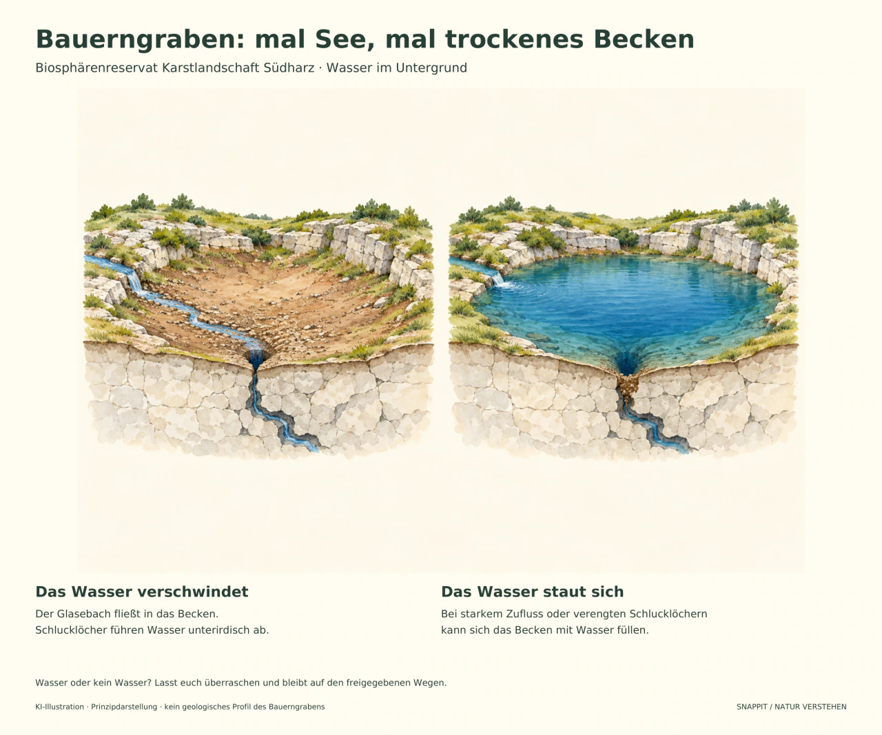 Zwei schematische Querschnitte zeigen einen Bach, der in einem weitgehend trockenen Becken versickert, und dasselbe Becken mit aufgestautem Wasser.
