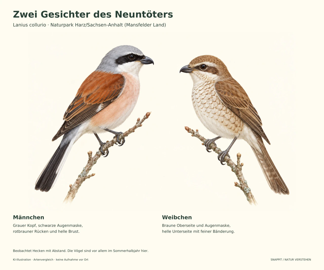 Zwei Neuntöter auf getrennten Zweigen: links das Männchen mit grauem Kopf und schwarzer Maske, rechts das braune Weibchen mit gebänderter Unterseite.
