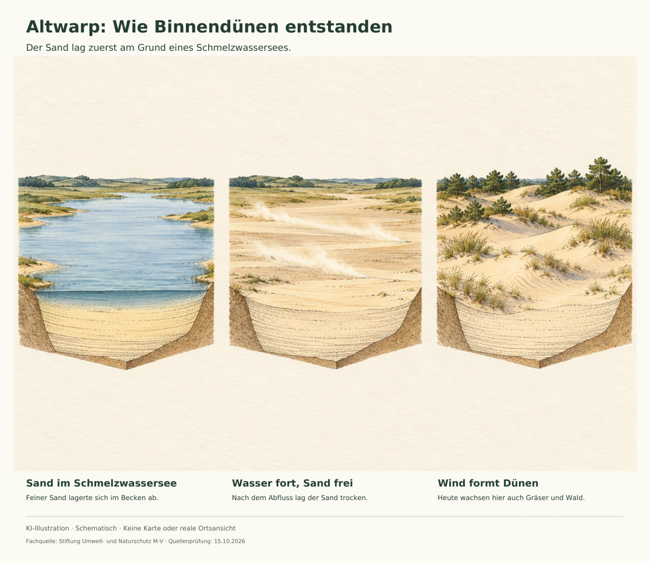 Drei gemalte Entwicklungsbilder zeigen Sand unter einem See, eine trockene Sandfläche mit Wind und niedrige Binnendünen mit spärlicher Vegetation.