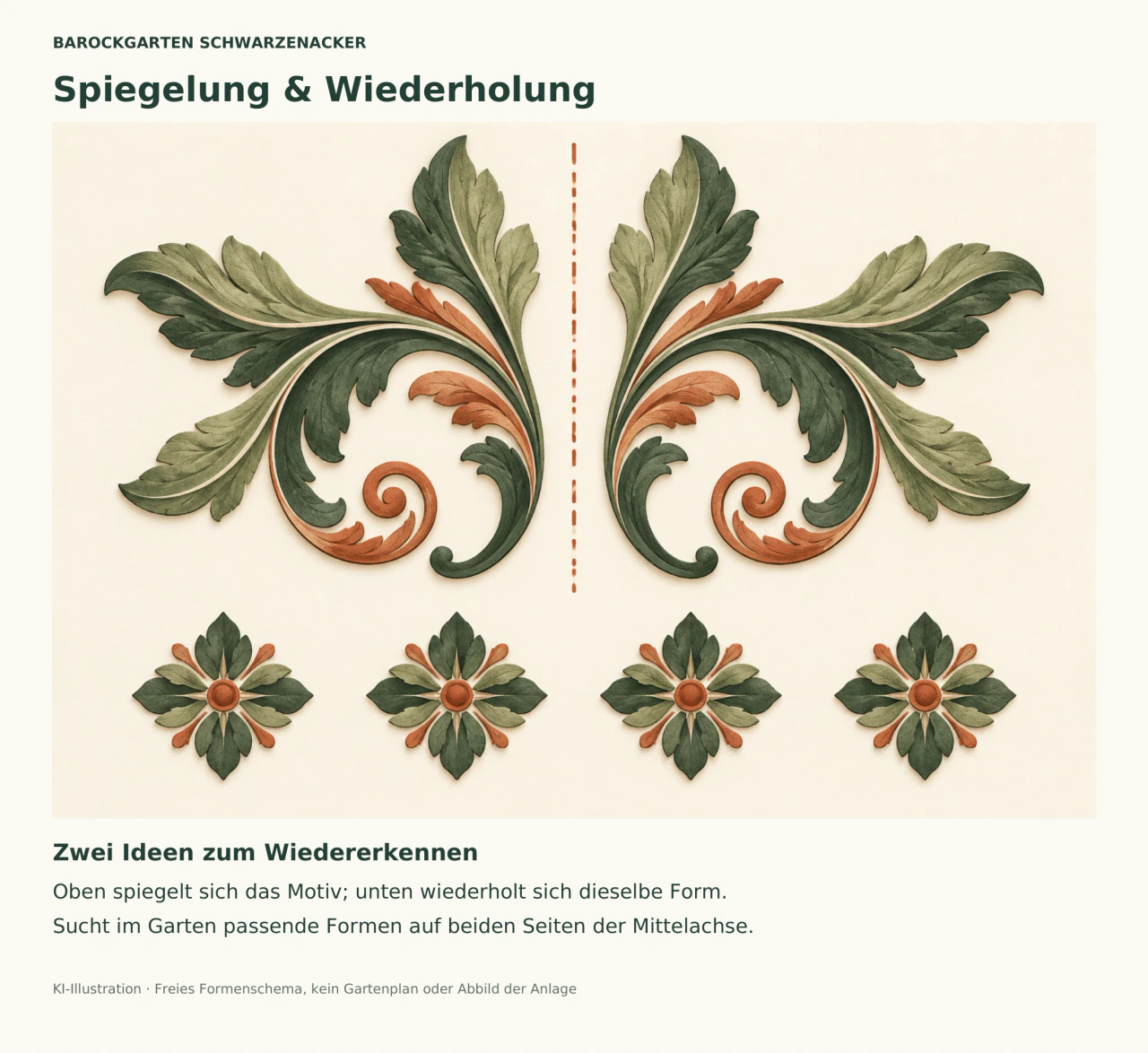 Zwei grün- und terrakottafarbene Blattranken spiegeln sich an einer gestrichelten senkrechten Linie. Darunter wiederholen sich vier ornamentale Rosetten. Die Grafik erklärt Formen, ohne die Gartenanlage abzubilden.
