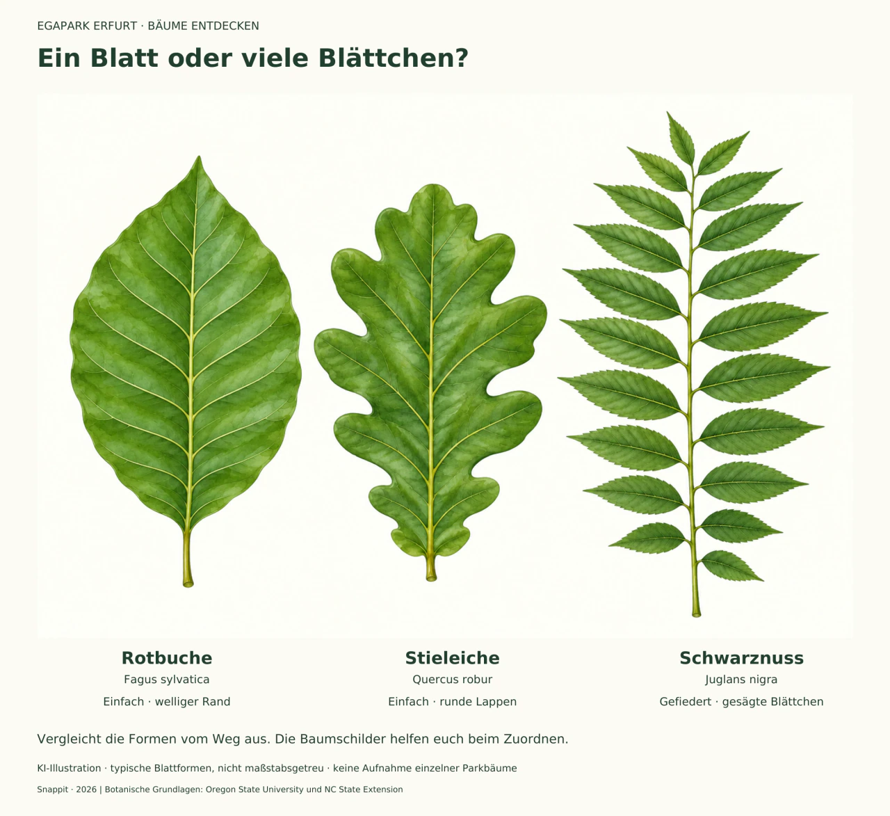 Drei grüne Blattzeichnungen: links ein ovales, leicht gewelltes Rotbuchenblatt; mittig ein Stieleichenblatt mit runden Lappen; rechts ein langes Schwarznussblatt aus vielen spitzen, gesägten Blättchen.