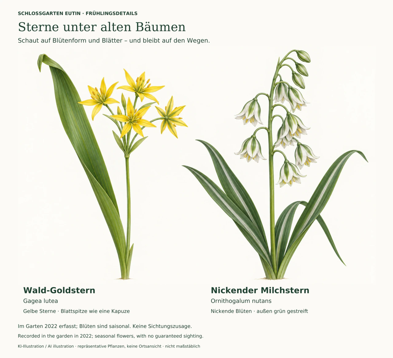 Botanische KI-Illustration: links Wald-Goldstern mit gelben Sternblüten und langem Blatt mit kapuzenförmiger Spitze; rechts Nickender Milchstern mit nickenden weiß-grün gestreiften Blüten und schmalen Blättern. Nicht maßstäblich.