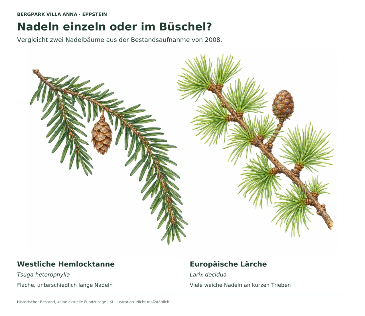 Zwei aquarellierte Zweige: links Westliche Hemlocktanne mit unterschiedlich langen flachen Nadeln und kleinem hängendem Zapfen; rechts Europäische Lärche mit dichten Nadelbüscheln an Kurztrieben und aufrechtem Zapfen.