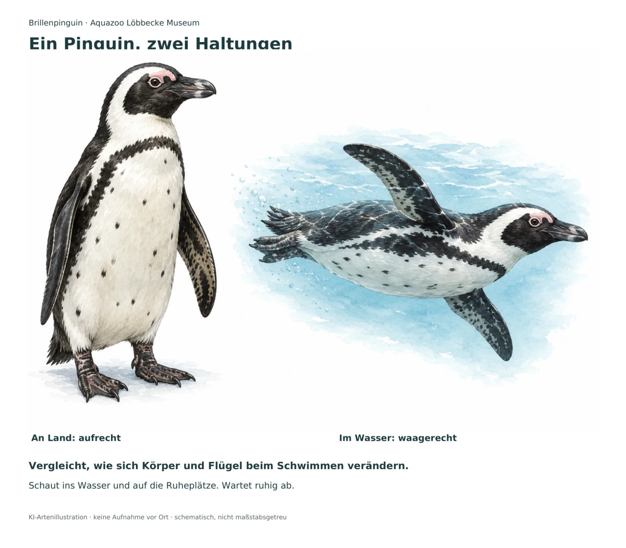 Ein gezeichneter Brillenpinguin steht links aufrecht. Rechts schwimmt ein Brillenpinguin mit waagerechtem Körper und ausgestreckten Flügeln vor einer hellblauen Wasserfläche.