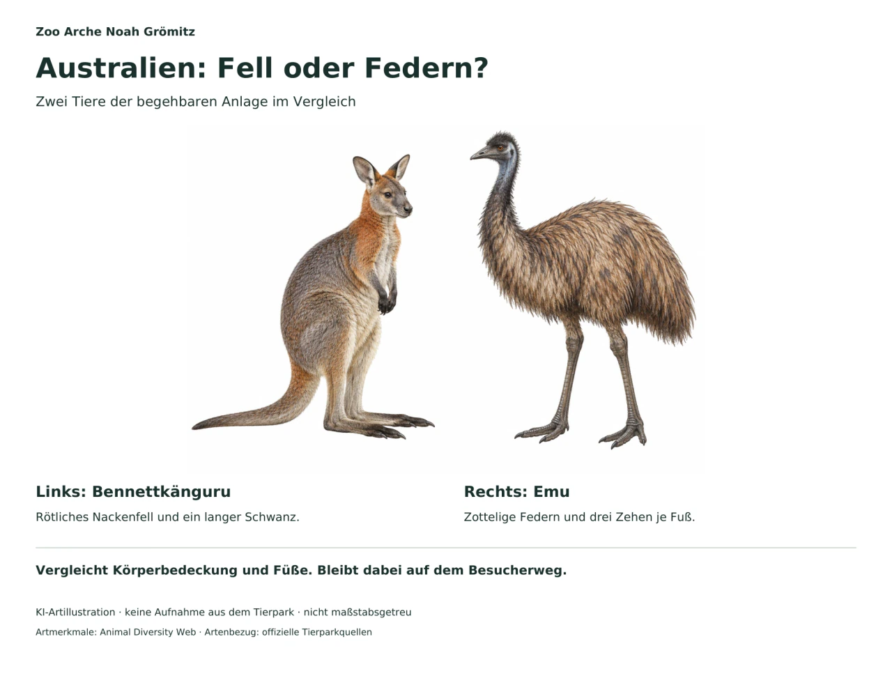 Links ein Rotnackenwallaby mit langem Schwanz und rötlichem Nacken, rechts ein Emu mit zotteligem Gefieder und dreizehigen Füßen.
