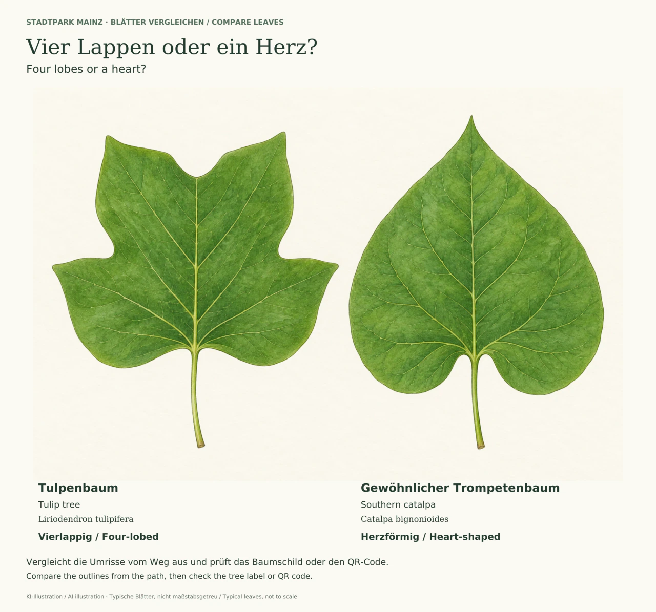 Zwei grüne, botanisch illustrierte Blätter nebeneinander: links ein vierlappiges Tulpenbaumblatt mit eingekerbter Spitze, rechts ein ungeteiltes herzförmiges Trompetenbaumblatt mit spitzer Spitze. Darunter stehen deutsche, englische und wissenschaftliche Namen sowie die Formenmerkmale.