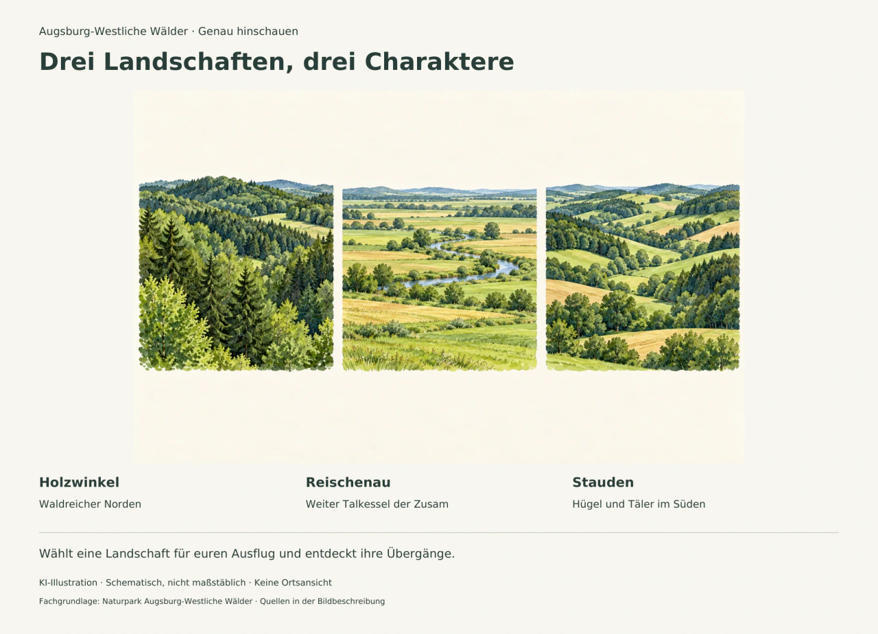 Drei getrennte Landschaftsbilder: dicht bewaldete Hügel, ein breites Flusstal mit Feldern und kleinteilige Hügel und Täler.