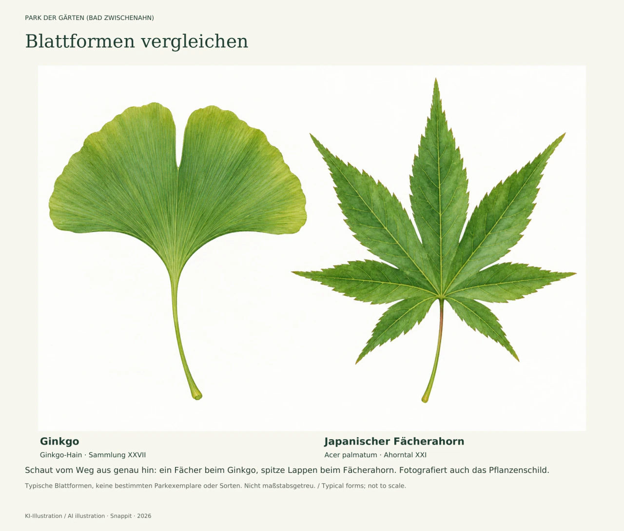 Botanische KI-Illustration mit einem grünen, fächerförmigen Ginkgoblatt links und einem grünen, siebenlappigen Blatt des Japanischen Fächerahorns rechts. Darunter stehen die Sammlungsnamen Ginkgo-Hain und Ahorntal.