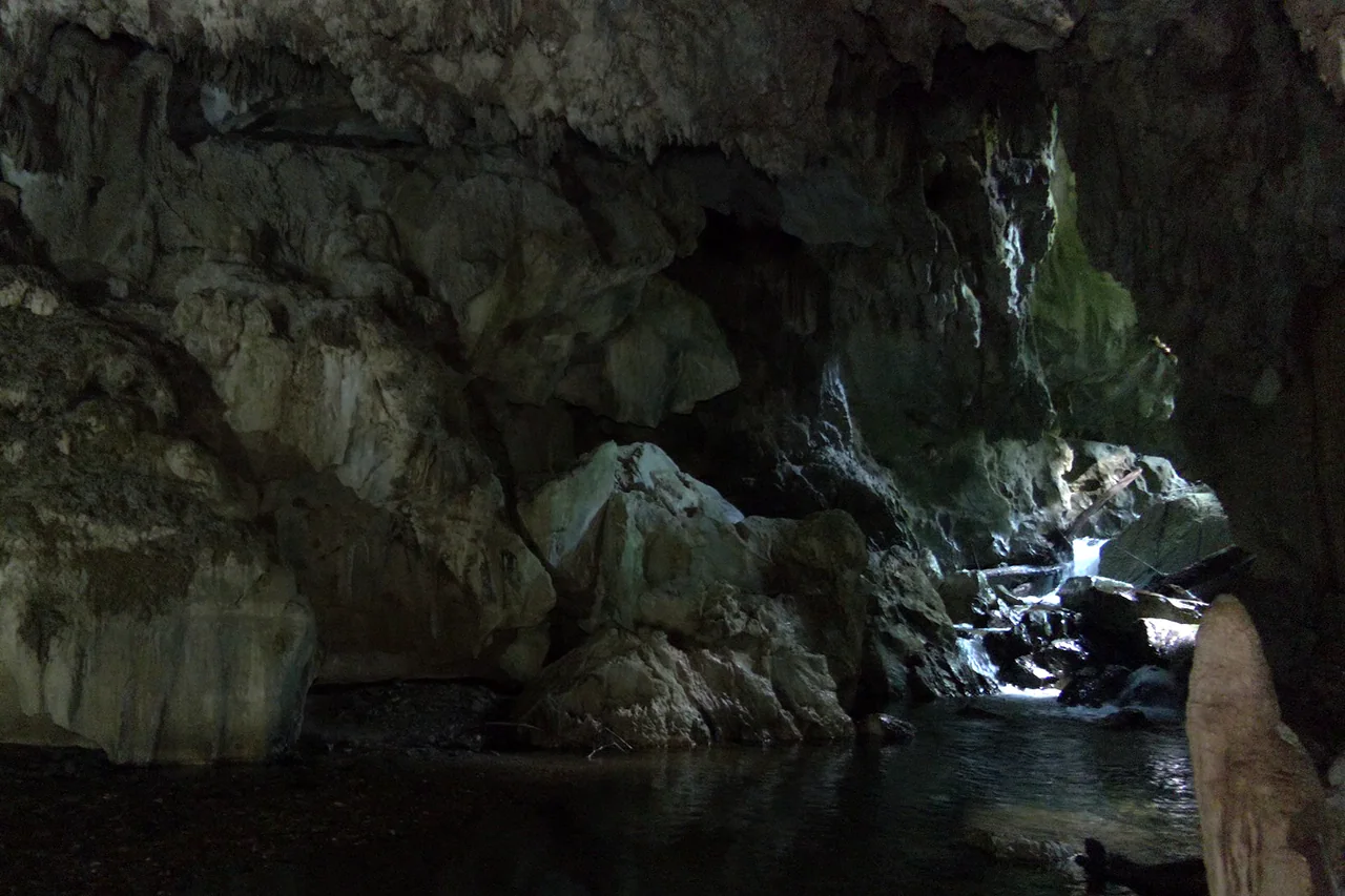 Dark cave interior with textured rock walls and ceiling, water in the foreground and a brighter opening beyond rocks on the right.