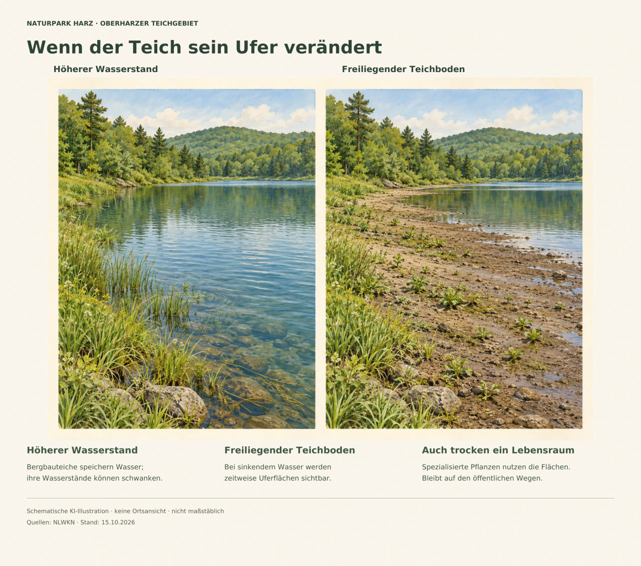 Zwei Aquarelle desselben schematischen Teichufers: links reicht Wasser bis an das Gras, rechts ist bei niedrigerem Wasserstand feuchter Boden mit kleinen Pflanzen frei.
