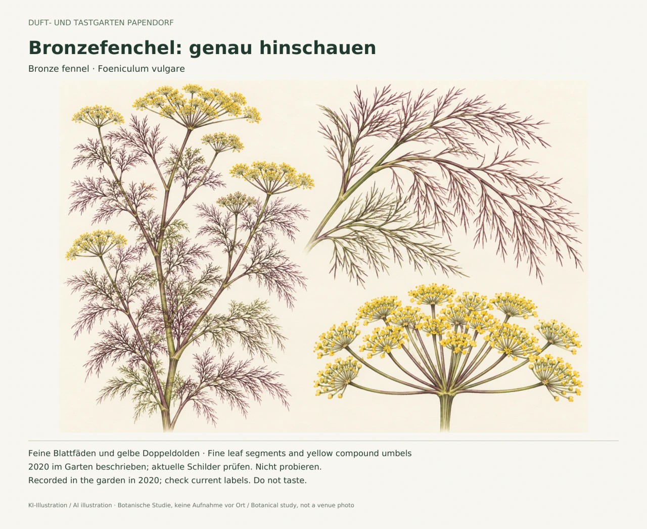 Botanische Illustration von Bronzefenchel: links ein verzweigter Trieb mit gelben Blütendolden, rechts vergrößerte bronzefarbene Blattfäden und eine zusammengesetzte Dolde.