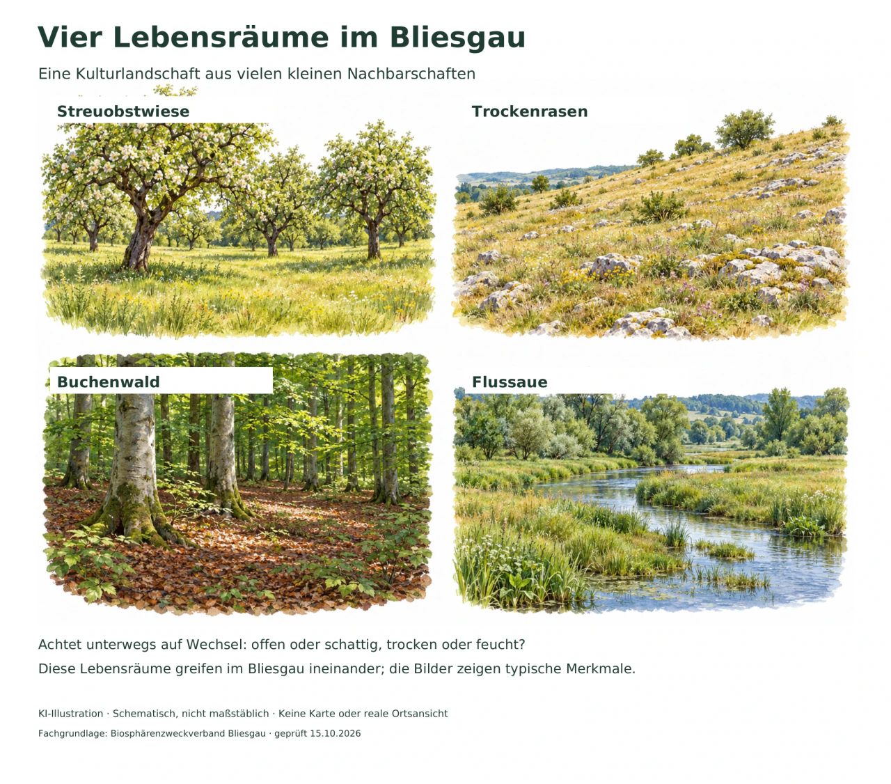 Vier getrennte Aquarellschemata zeigen Obstbäume auf einer Wiese, offenen steinigen Trockenrasen, schattigen Buchenwald und eine feuchte Flussaue.