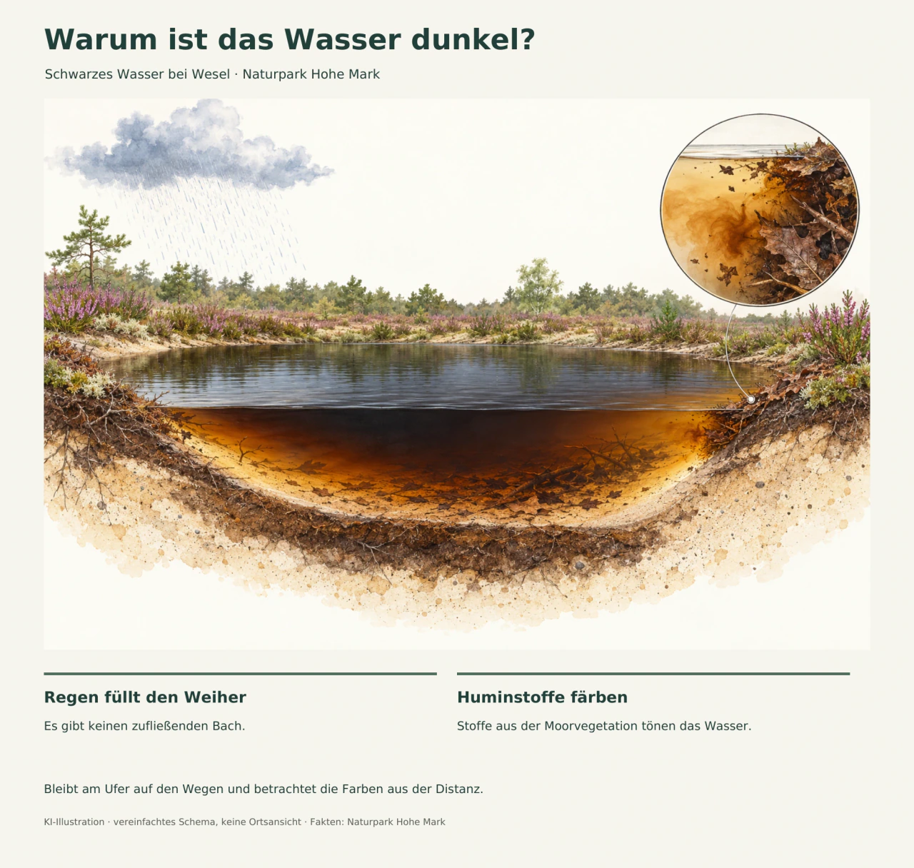 Regen fällt auf einen dunkelbraunen Weiher mit sandigem Ufer. Ein vergrößerter Ausschnitt zeigt Pflanzenreste in braun getöntem Wasser.