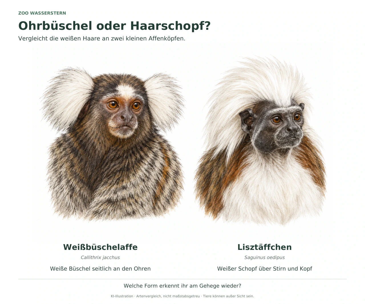 Beschriftete Illustrationen eines Weißbüschelaffen mit weißen Haarbüscheln an beiden Ohren und eines Lisztäffchens mit hohem weißem Haarschopf.