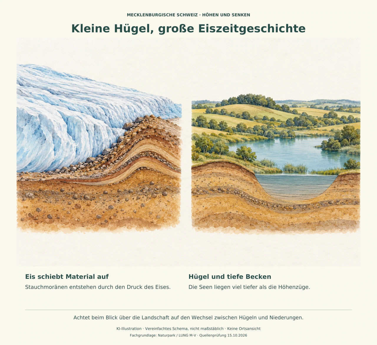 Links schiebt ein Gletscher geschichtetes Material zu einem Hügel; rechts liegen bewaldete Hügel und Felder über einem tiefen Seebecken.