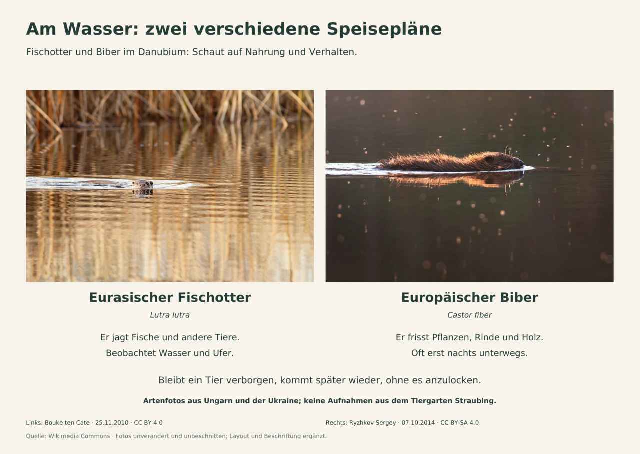 Zwei Artenfotos zeigen einen Eurasischen Fischotter und einen Europäischen Biber im Wasser. Deutsche Beschriftung vergleicht ihre Nahrung und fordert zum ruhigen Beobachten auf. Ein sichtbarer Hinweis nennt Ungarn und die Ukraine als Aufnahmeorte, nicht den Tiergarten Straubing.