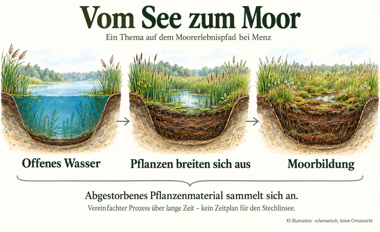 Drei schematische Schnitte zeigen offenes Wasser, zunehmende Ufervegetation und schließlich einen weitgehend mit organischem Material gefüllten, nassen Moorkörper.