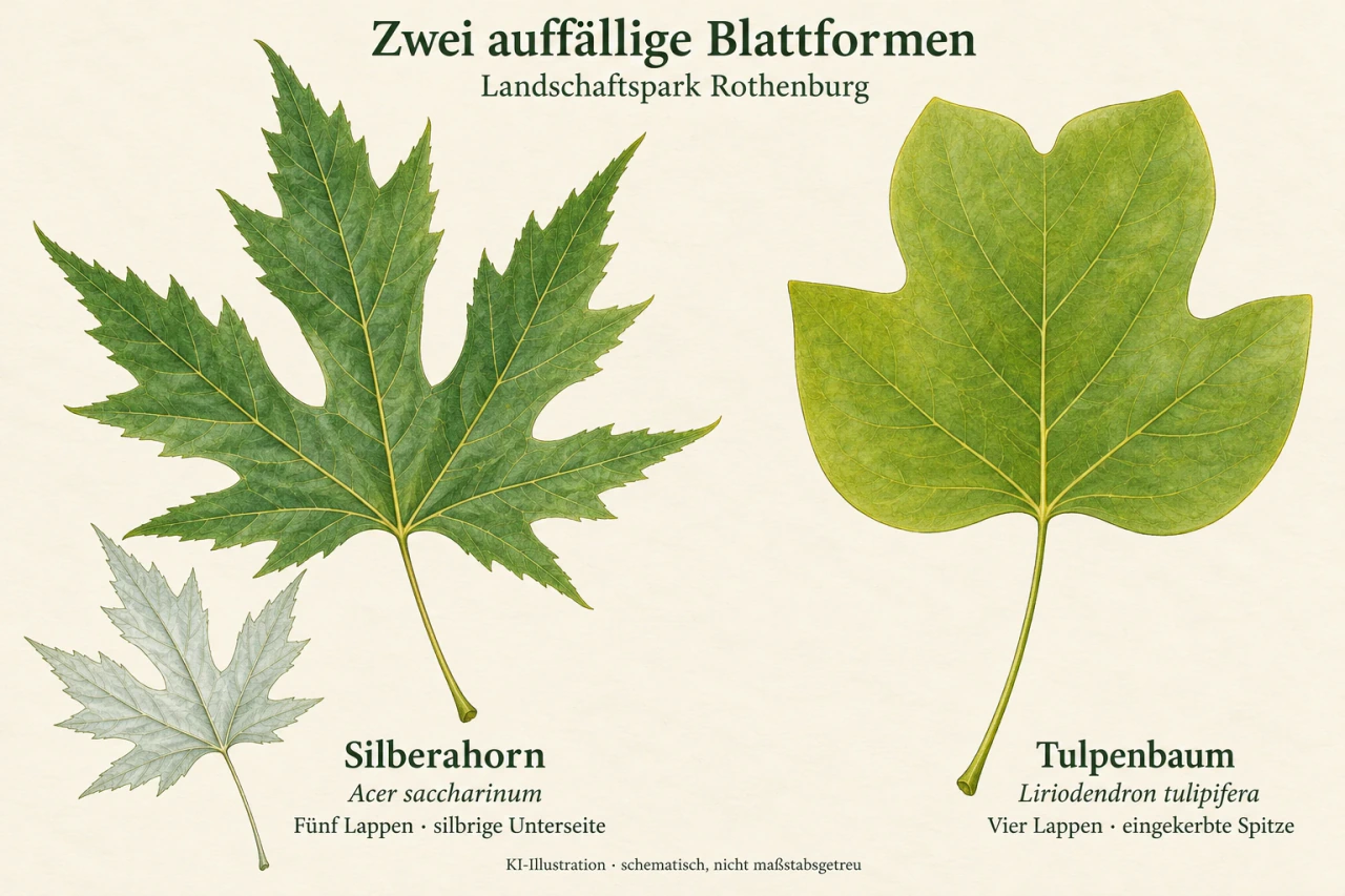 Botanische Vergleichstafel mit einem tief eingeschnittenen grünen Silberahornblatt und seiner hellen Unterseite links sowie einem vierlappigen Tulpenbaumblatt mit eingekerbter Spitze rechts.