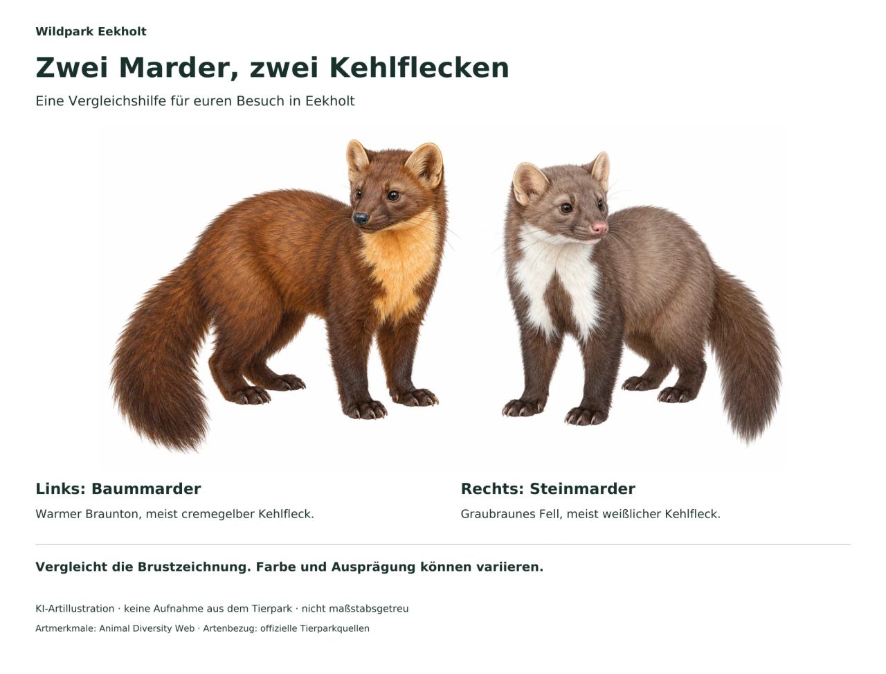 Links ein brauner Baummarder mit gelblichem Kehlfleck, rechts ein graubrauner Steinmarder mit weißlicher Brustzeichnung.