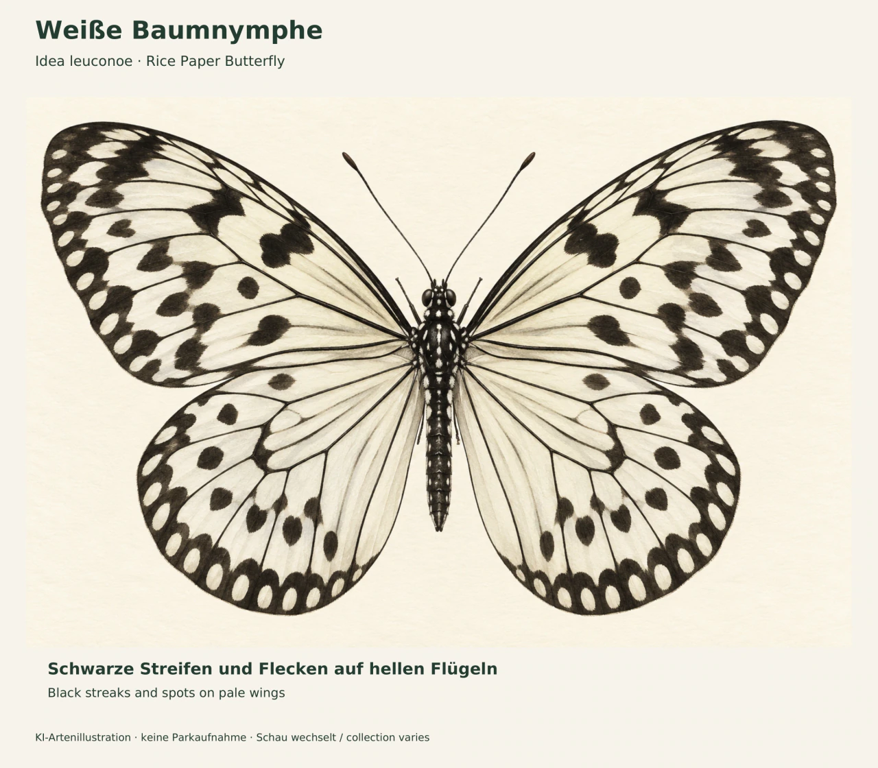 Naturkundliche Illustration einer Weißen Baumnymphe mit ausgebreiteten cremeweißen Flügeln, schwarzen Adern, dunklen Flecken und zwei keulenförmigen Fühlern.
