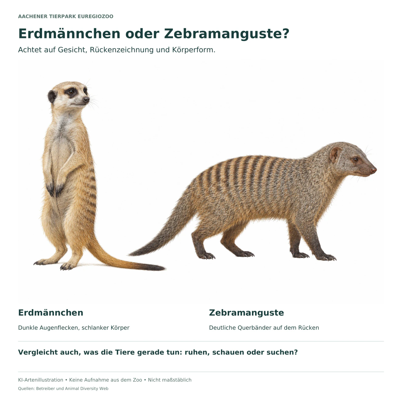 Ein aufrecht stehendes Erdmännchen mit dunklen Augenflecken neben einer auf vier Beinen stehenden Zebramanguste mit dunklen Rückenbändern.