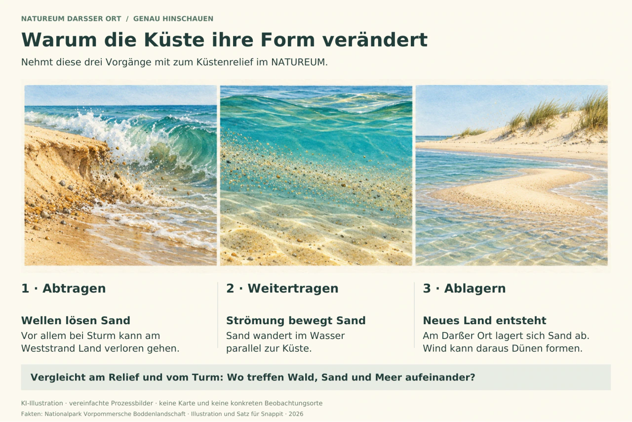 Drei getrennte Prozessbilder: links löst eine Welle Sand von einem niedrigen Ufer; in der Mitte treiben Sandkörner im Wasser; rechts liegen eine neue Sandbank und eine flache, spärlich bewachsene Düne. Deutsche Texte erklären Abtrag, Transport und Ablagerung.