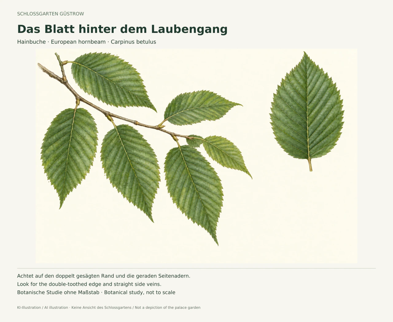 Botanische Illustration eines braunen Hainbuchenzweigs mit wechselständigen grünen Blättern und eines einzelnen vergrößerten Blatts rechts. Spitze Blattenden, gezähnte Ränder und gerade Seitenadern sind sichtbar.