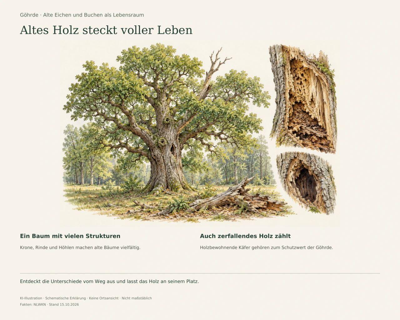 Eine alte Eiche mit breiter Krone, Stammhöhle und totem Ast; daneben vergrößerte Ansichten von Höhle und morschem Holz.