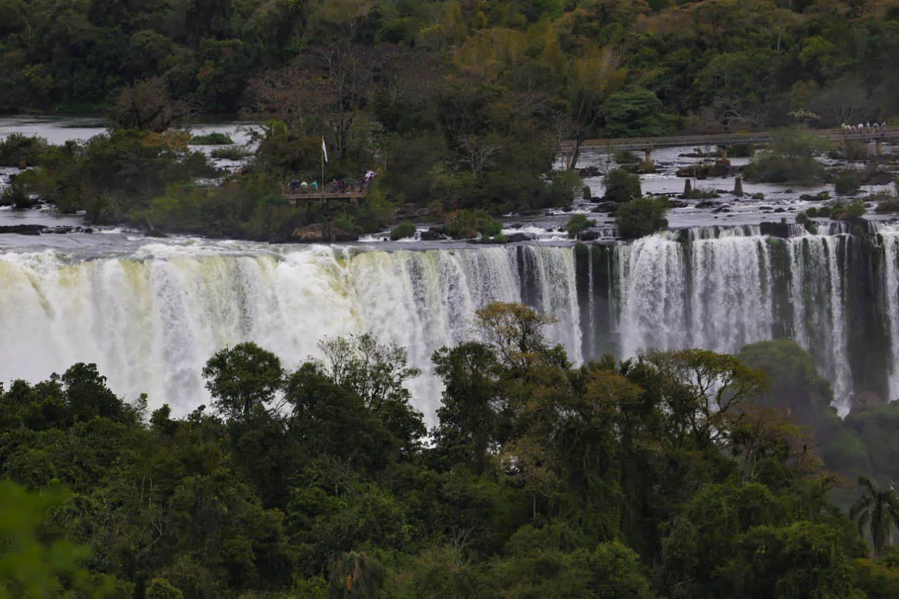 Broad white waterfalls below a forested riverbank, with trees in the foreground and distant viewing walkways.