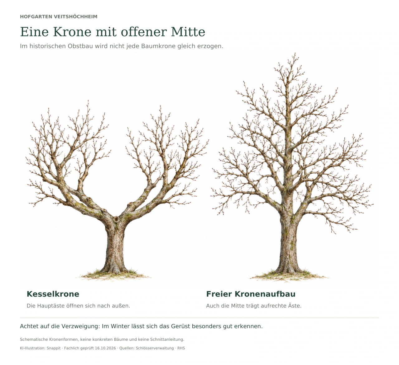 Zwei unbelaubte, schematische Obstbäume: links eine schalenförmige Krone mit offener Mitte, rechts ein aufrechter Mitteltrieb mit seitlich abzweigenden Ästen.