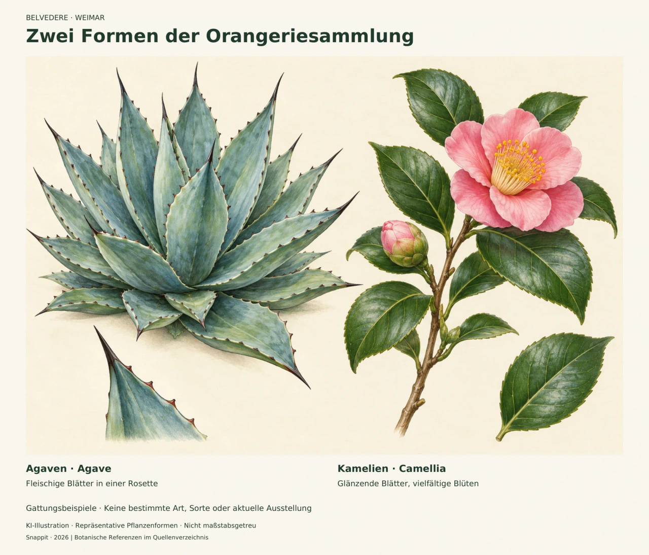 Botanische KI-Illustration einer blaugrünen, spitzblättrigen Agavenrosette neben einem Kamelienzweig mit glänzenden Blättern, Knospe und einfacher rosa Blüte.