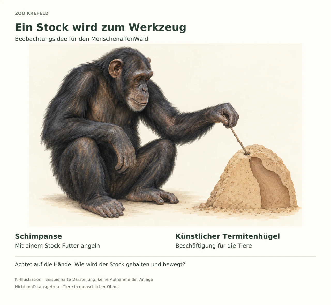 Ein sitzender Schimpanse hält rechts einen dünnen Stock in die Öffnung eines kleinen, schematisch aufgeschnittenen Futterhügels. Seine andere Hand ruht am Bein. Deutsche Beschriftungen erklären den Stock als Werkzeug und laden dazu ein, die Handbewegungen zu beobachten. Die KI-Illustration zeigt ein Beispiel, nicht die tatsächliche Anlage.