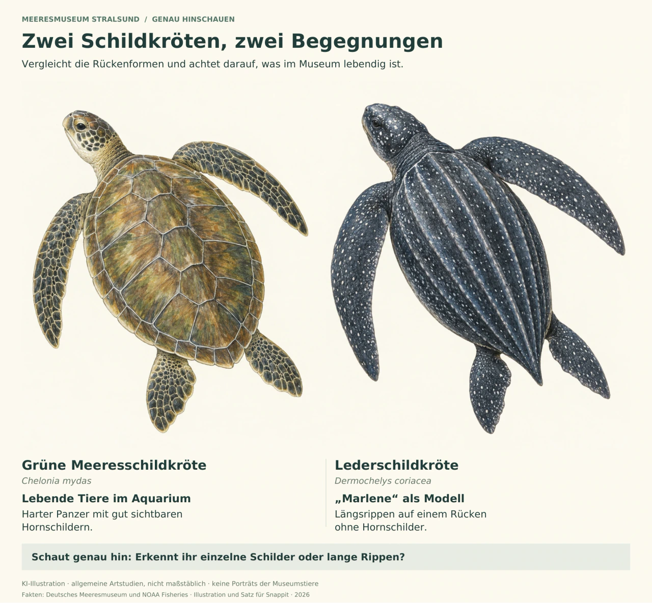 Zwei illustrierte Meeresschildkröten von schräg oben: links eine Grüne Meeresschildkröte mit Hornschildern, rechts eine dunkle Lederschildkröte mit Längsrippen. Die Beschriftung unterscheidet lebende Aquarientiere und Marlene als Modell.