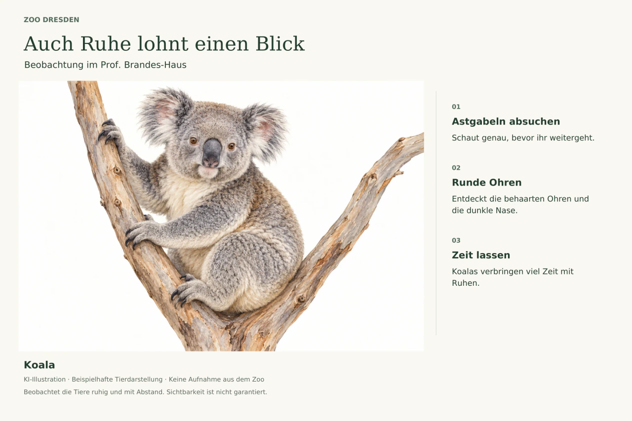 Ein grauer Koala sitzt in einer Astgabel. Daneben stehen Hinweise zum Absuchen der Äste, zu den runden Ohren und zur ruhigen Beobachtung.