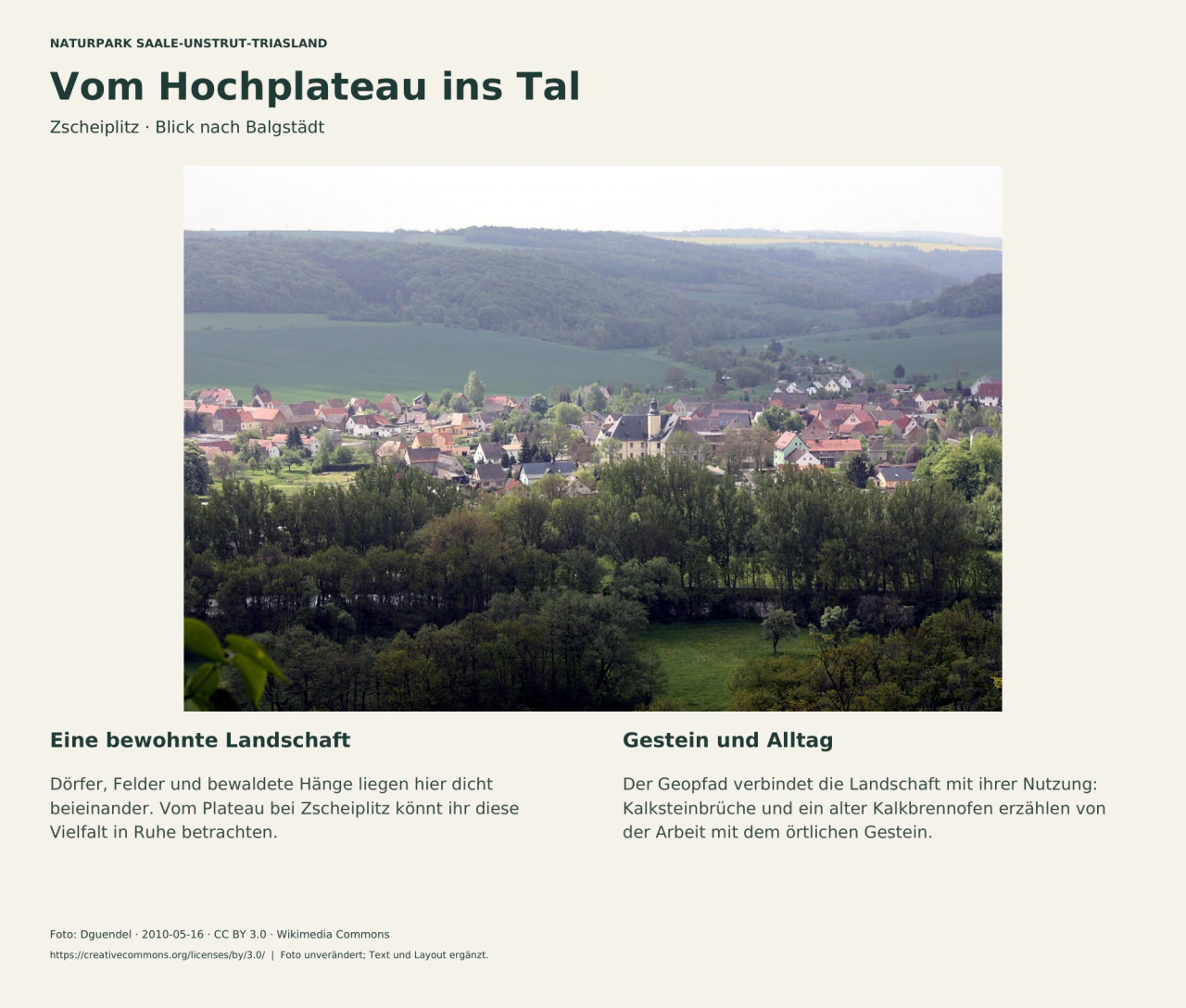 Balgstädt zwischen grünen Feldern, Bäumen und bewaldeten Hängen; darunter Hinweise zur Kulturlandschaft und zur Kalksteinnutzung.