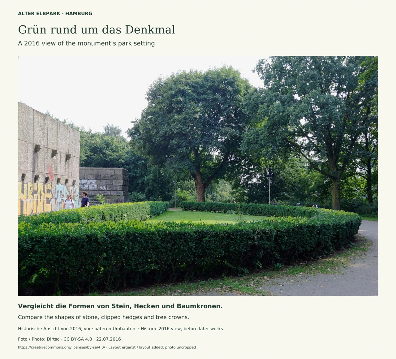 Links steht ein angeschnittener grauer Steinsockel mit Graffiti. Niedrige geschnittene Hecken umschließen eine Rasenfläche; dahinter erheben sich dichte grüne Baumkronen. Rechts verläuft ein Weg, links am Sockel gehen zwei Menschen. Ein zweisprachiger Titel, Bildhinweis und Credit rahmen das Foto.