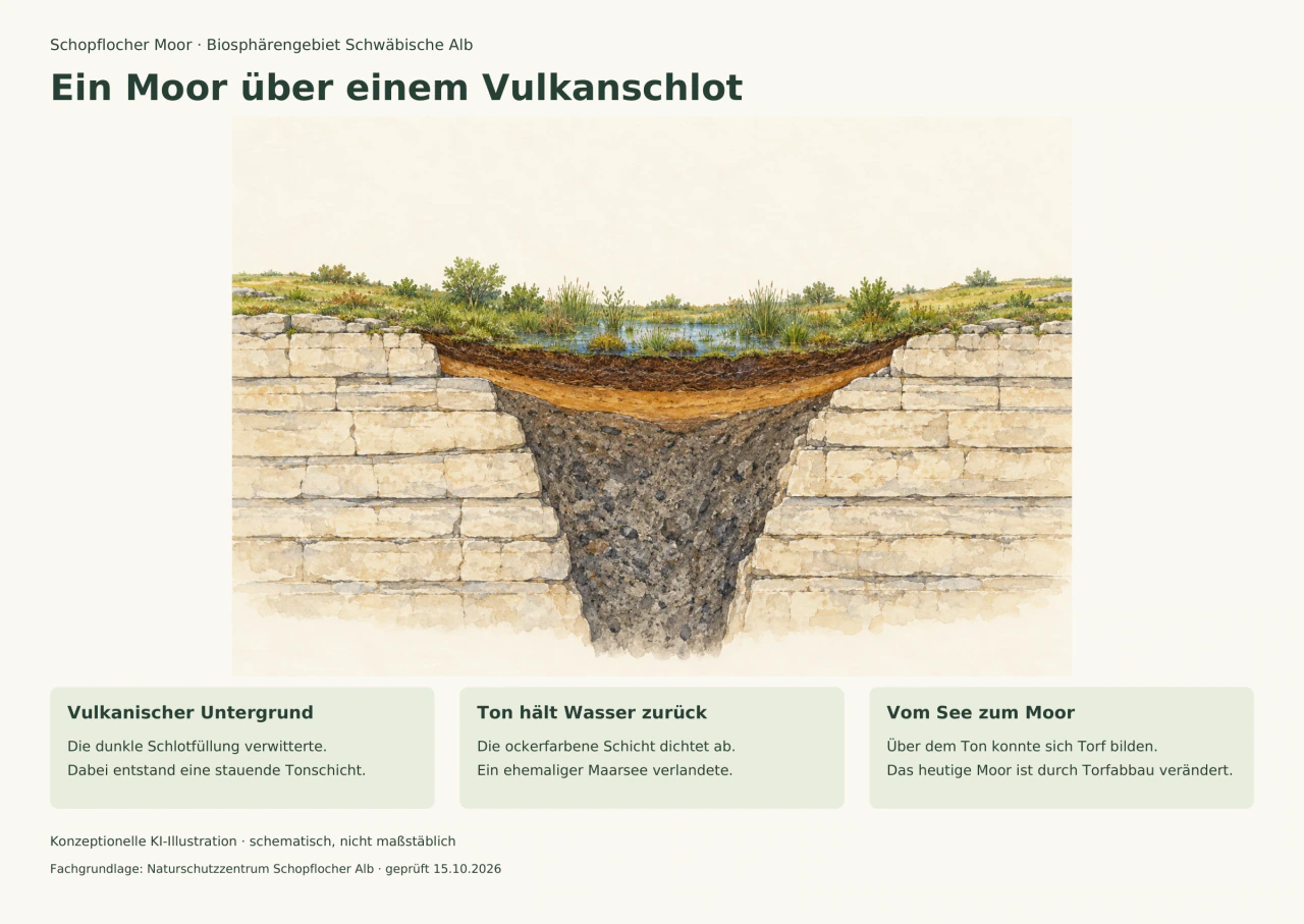 Schematischer Schnitt mit hellem Kalkgestein, dunkler Vulkanschlotfüllung, ockerfarbener Tonschicht und Torf mit Feuchtvegetation.