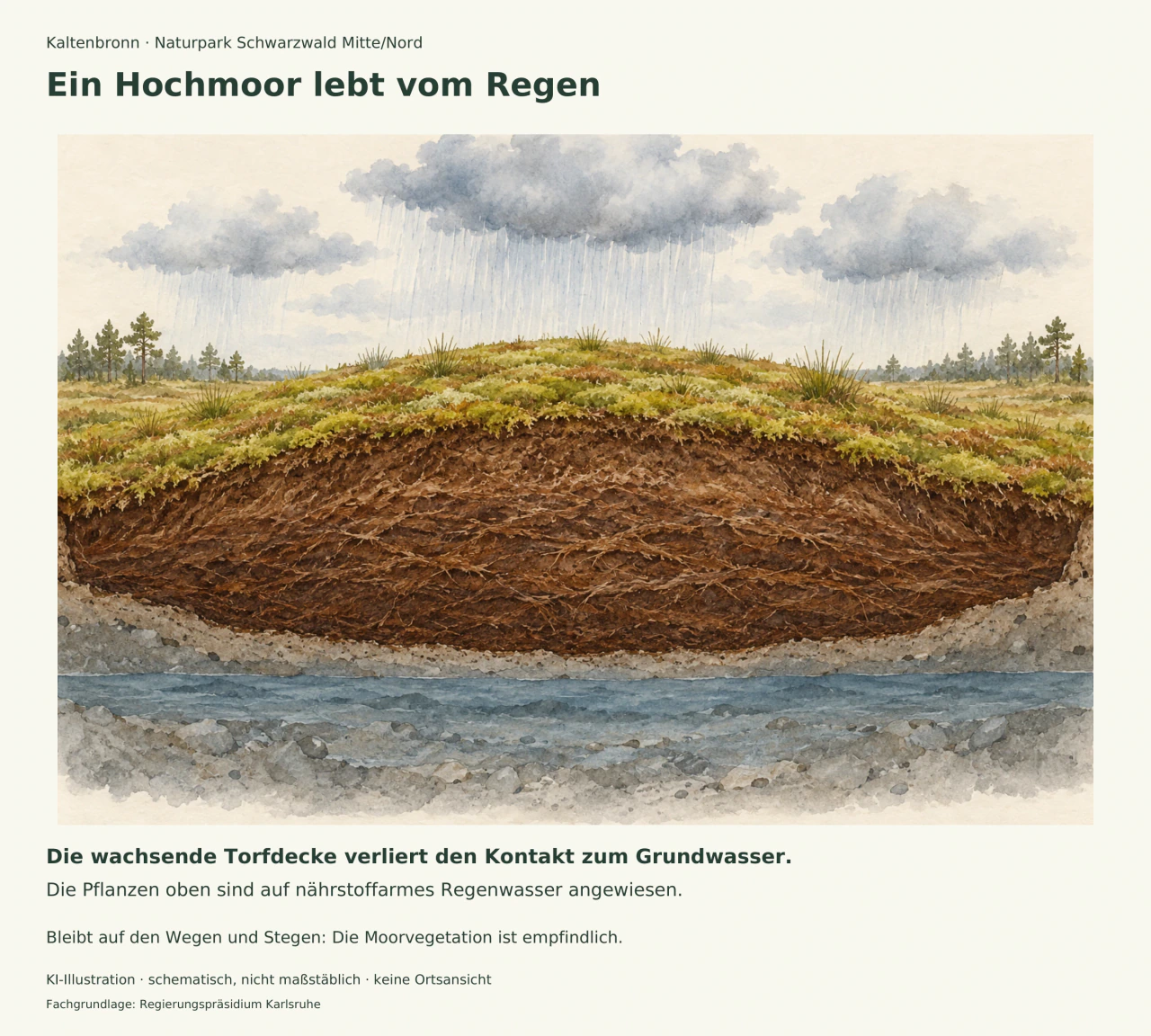 Regen fällt auf einen gewölbten, moosbedeckten Torfkörper über einer schematischen Grundwasserzone im mineralischen Untergrund.