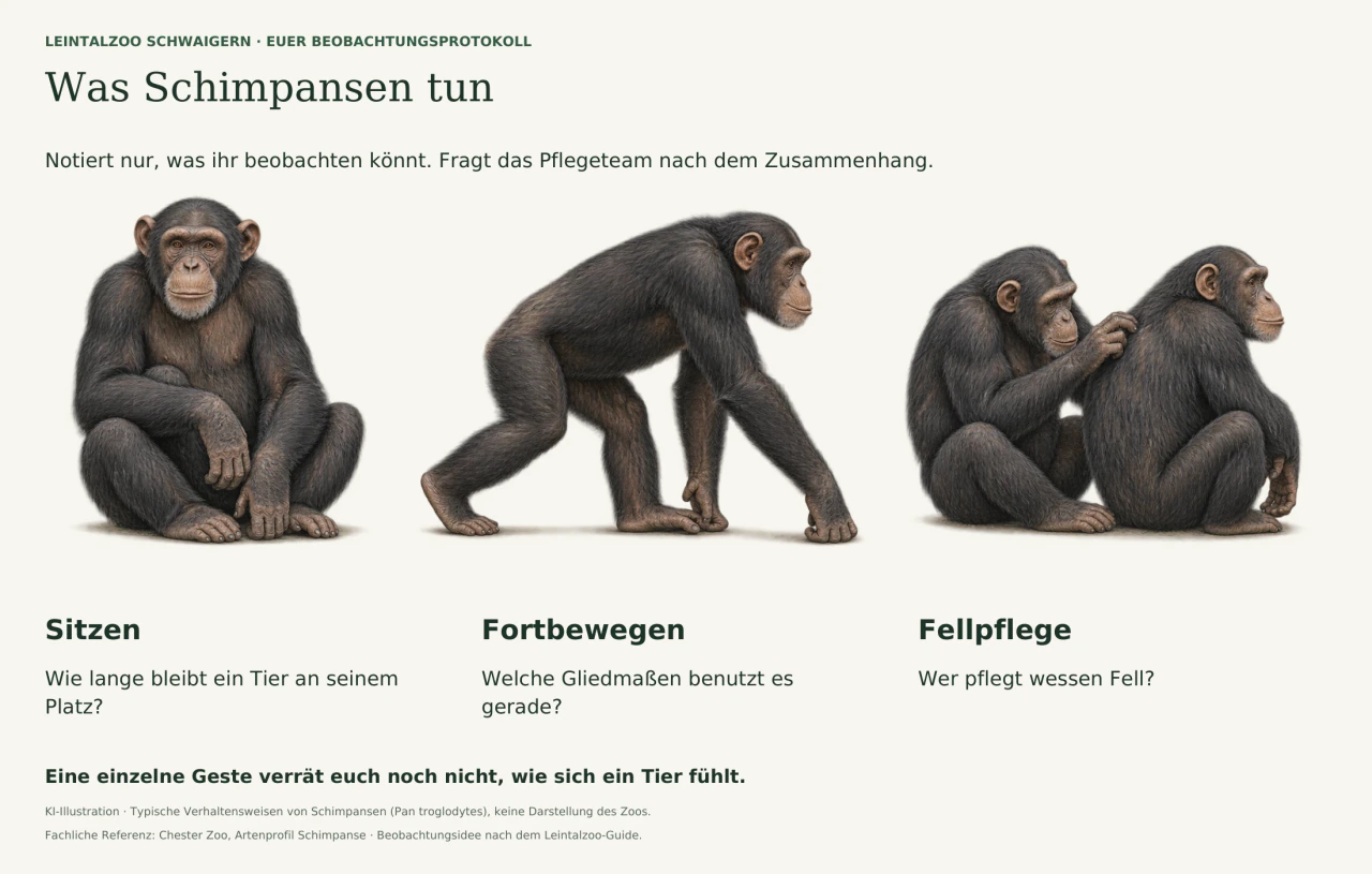 Drei beschriftete Zeichnungen zeigen einen sitzenden Schimpansen, einen Schimpansen beim Fortbewegen auf allen vieren und zwei Tiere bei der Fellpflege. Fragen regen dazu an, sichtbare Handlungen statt vermeintlicher Gefühle zu notieren.