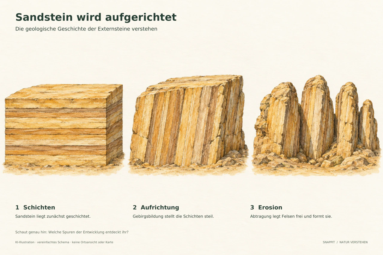 Drei schematische Sandsteinblöcke zeigen waagerechte Schichten, steil aufgerichtete Schichten und durch Erosion getrennte Felsrippen.