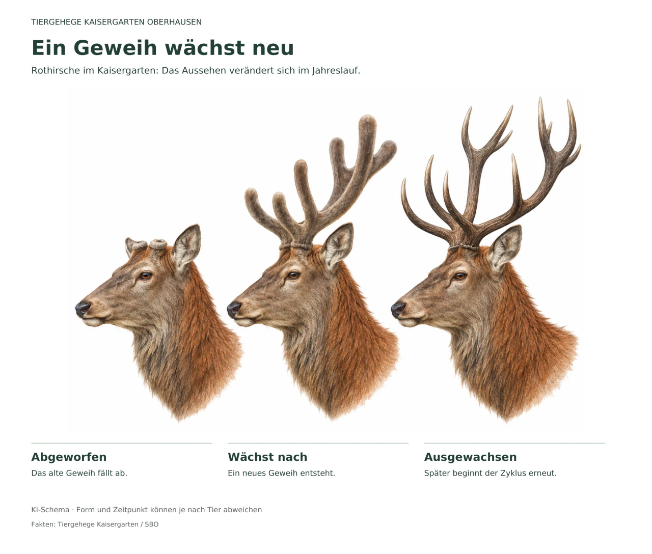 KI-Schema mit drei Rothirschköpfen: nach dem Geweihabwurf, mit nachwachsendem und mit ausgewachsenem Geweih.