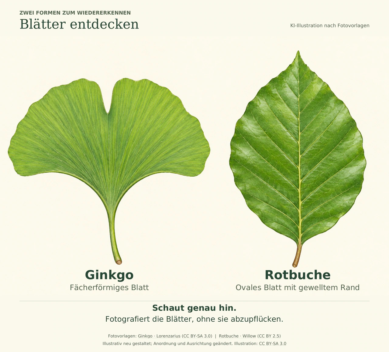Ein fächerförmiges Ginkgoblatt mit strahlenförmigen Adern neben einem ovalen Rotbuchenblatt mit leicht gewelltem Rand und deutlich erkennbarer Mittelrippe.