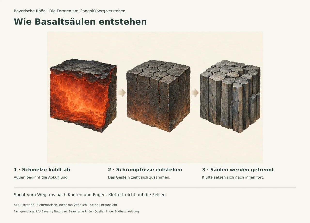 Drei schematische Gesteinsblöcke zeigen heiße Schmelze, beginnende polygonale Schrumpfrisse und daraus getrennte dunkle Basaltsäulen.