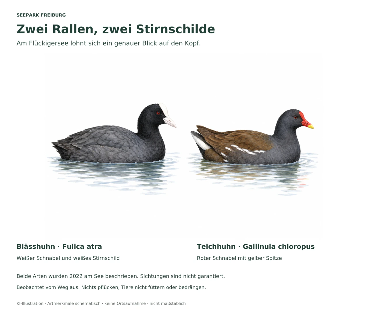 Zwei illustrierte schwimmende Rallen: links ein Blässhuhn mit weißem Schnabel und Stirnschild, rechts ein Teichhuhn mit rotem Schnabel und gelber Spitze.