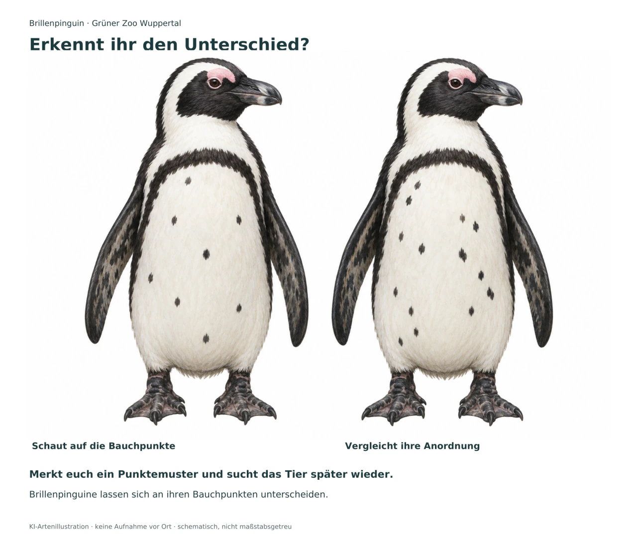 Zwei gezeichnete Brillenpinguine stehen nebeneinander. Beide haben ein schwarzes Brustband, aber ihre schwarzen Bauchpunkte sind unterschiedlich angeordnet.