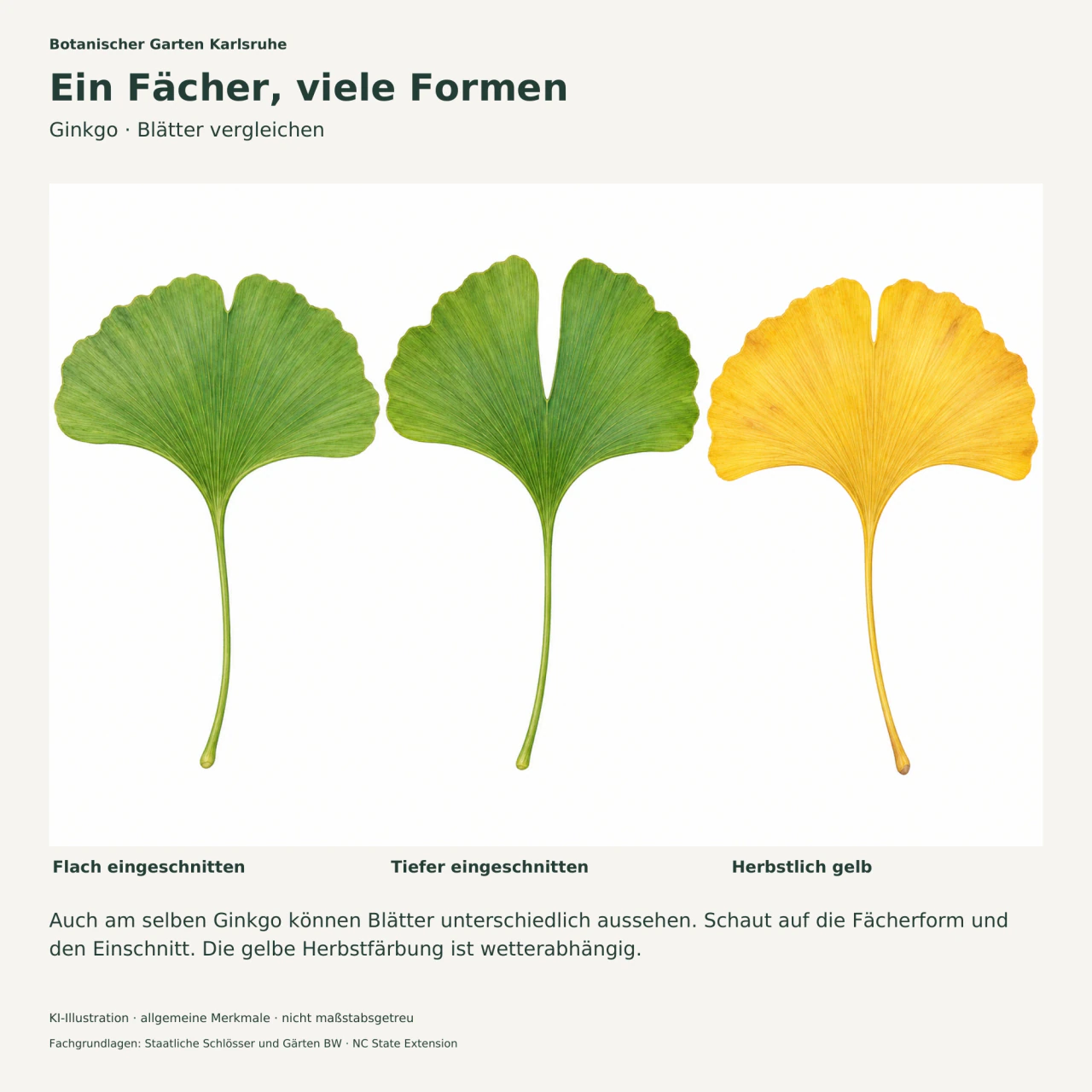 Drei fächerförmige Ginkgoblätter: zwei grüne mit verschieden tiefem Einschnitt und ein gelbes Herbstblatt.