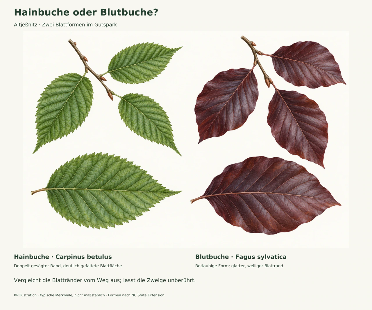 Botanische KI-Illustration: links grüne Hainbuchenblätter mit doppelter Sägezähnung und markanten Adern, rechts dunkelrote Buchenblätter mit welligem, glattem Rand.