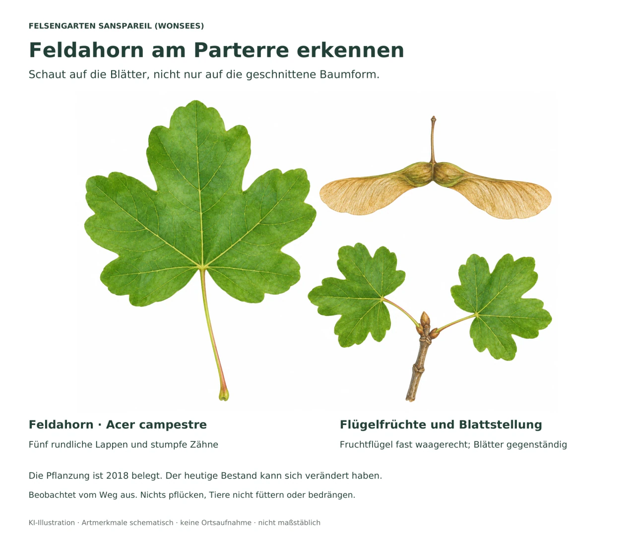 Botanische Illustration eines Feldahornblatts mit fünf rundlichen Lappen, eines waagerecht ausgebreiteten Fruchtpaars und eines Zweigs mit gegenständigen Blättern.